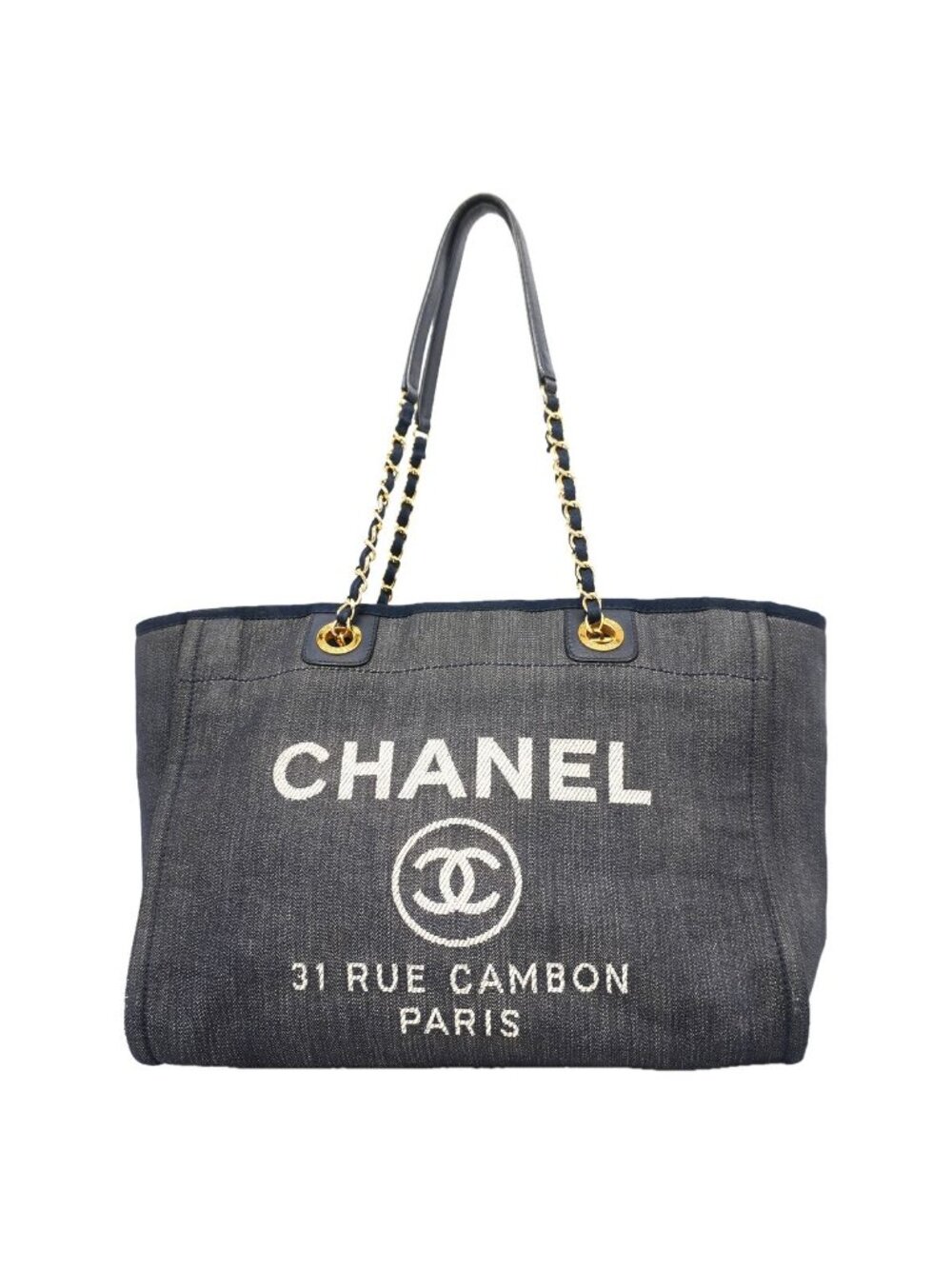 Chanel Chain Tote Bag Deauville Denim Navy Gold